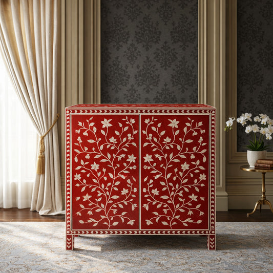 Red and White Floral Pattern Cabinet  | Luxury Handmade Cabinet