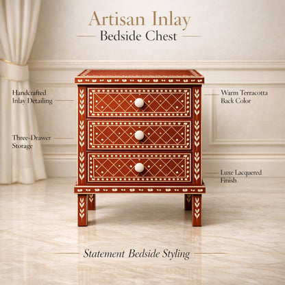 Elegant Orange Floral and Diamond Patterned Side Table with Drawer | Luxury Handmade Bedside Table