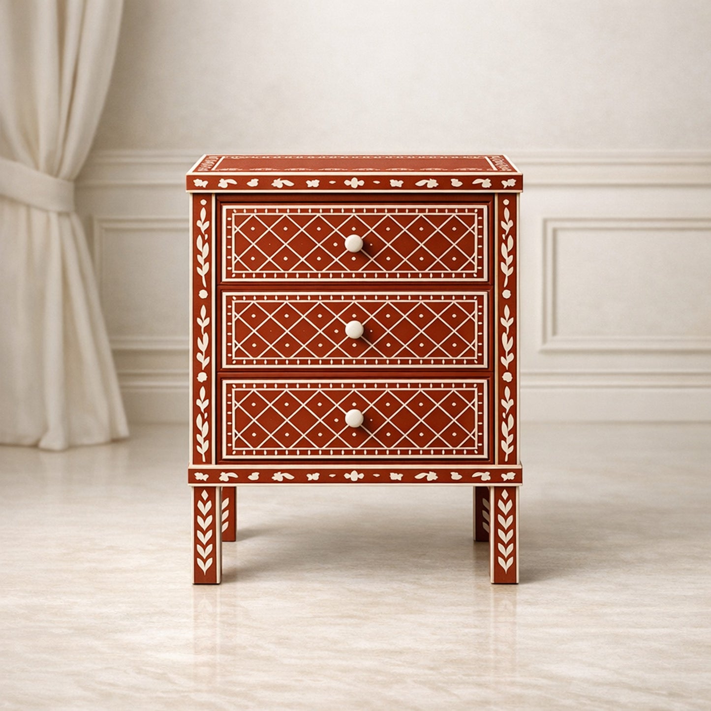 Elegant Orange Floral and Diamond Patterned Side Table with Drawer | Luxury Handmade Bedside Table