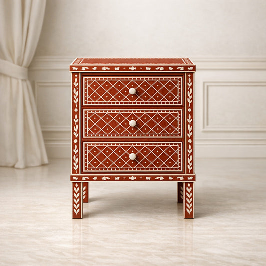 Elegant Orange Floral and Diamond Patterned Side Table with Drawer | Luxury Handmade Bedside Table