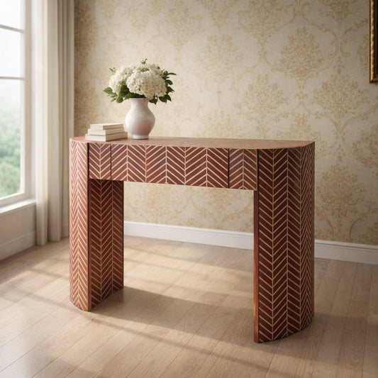 Handcrafted Pink Inlay Console Table with Drawer | Luxury Handmade Console
