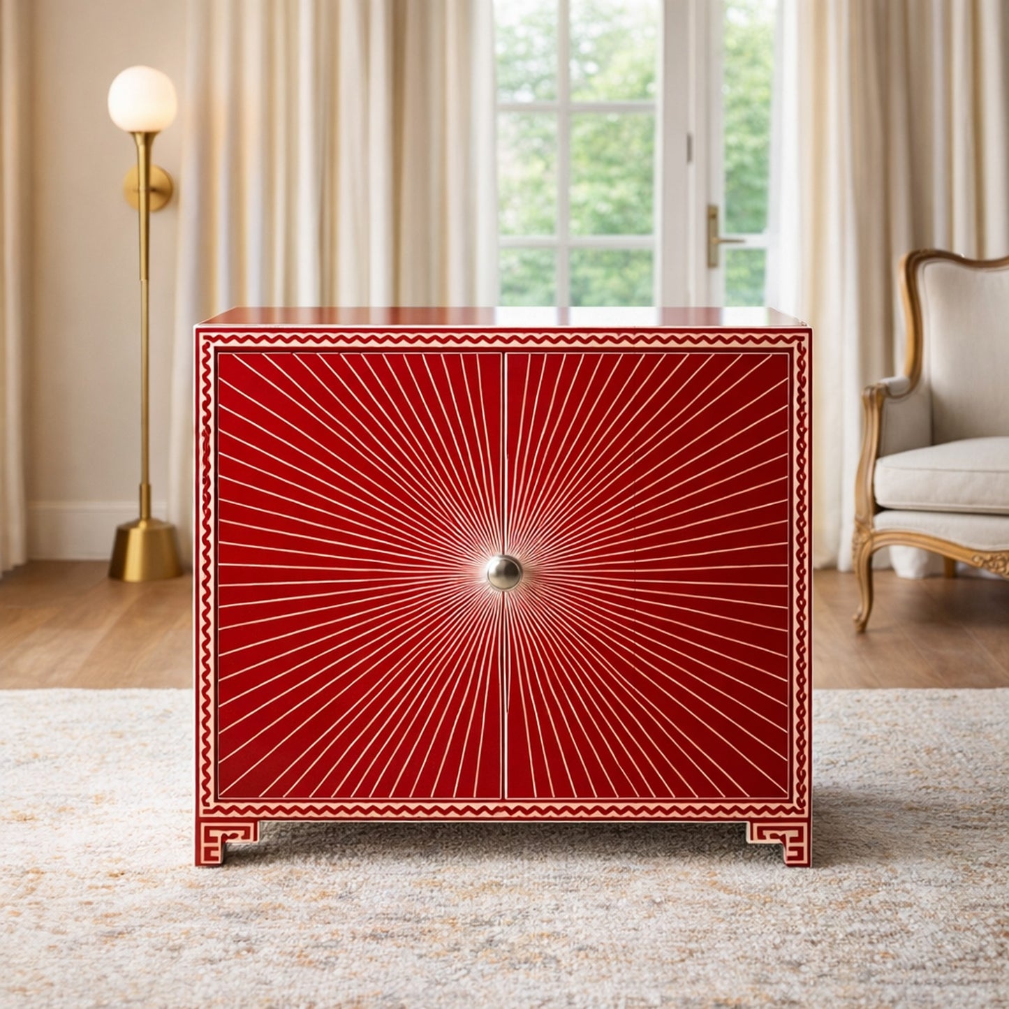 Red and White Sunburst PatternStorage Cabinet | Luxury Handmade Cabinet
