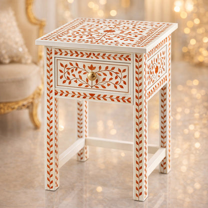 Orange and  White Inlaid Bedside Table | Luxury Handmade Bedside Table