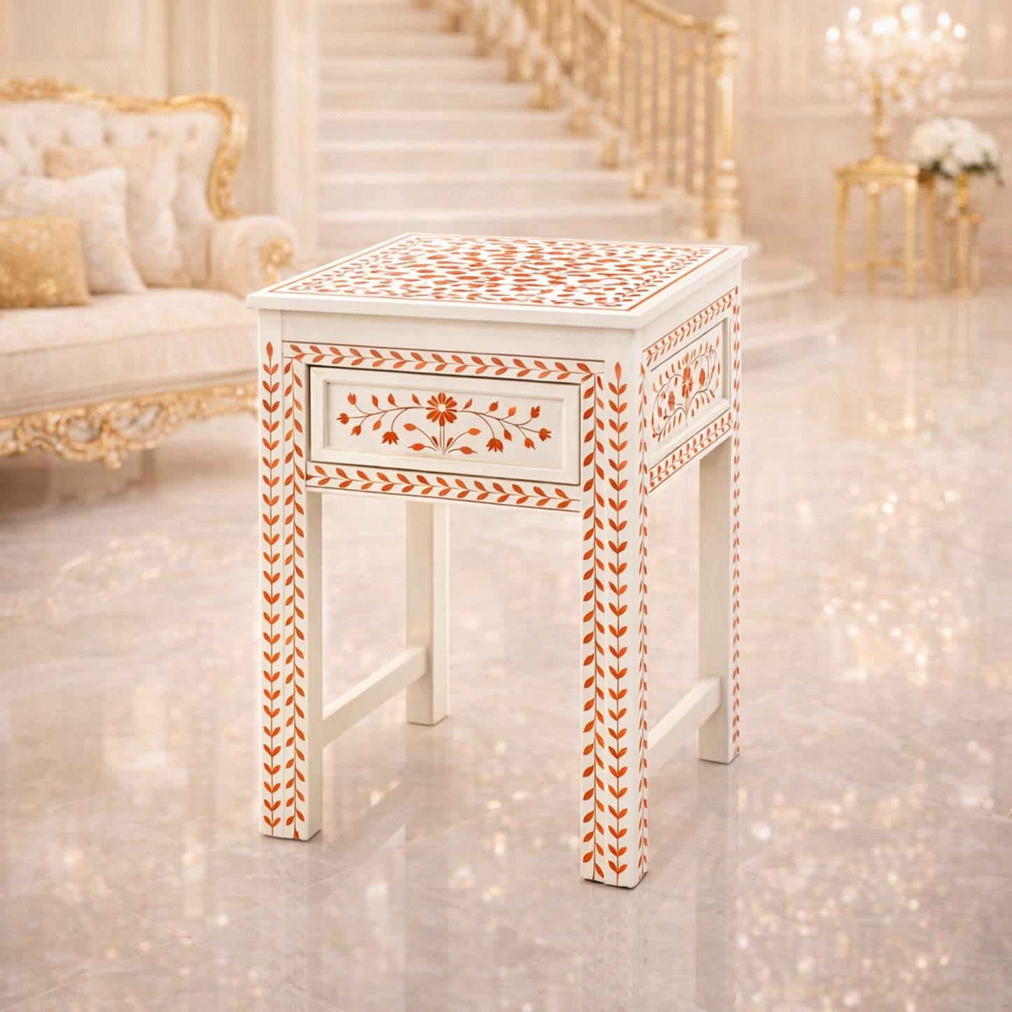 Orange and  White Inlaid Bedside Table | Luxury Handmade Bedside Table