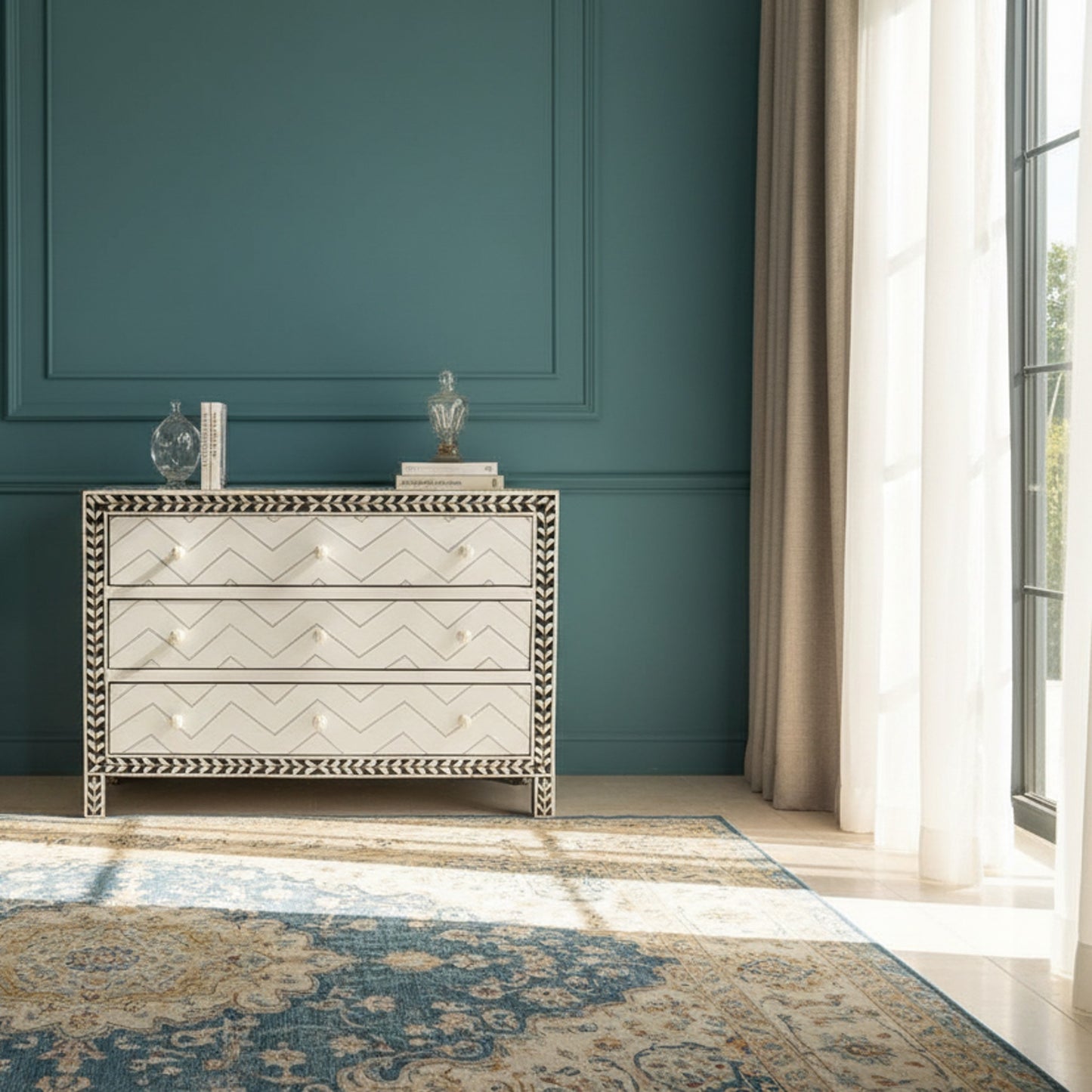 Black and White Decorative Chest with Geometric Sunburst Design | Luxury Handmade Dresser