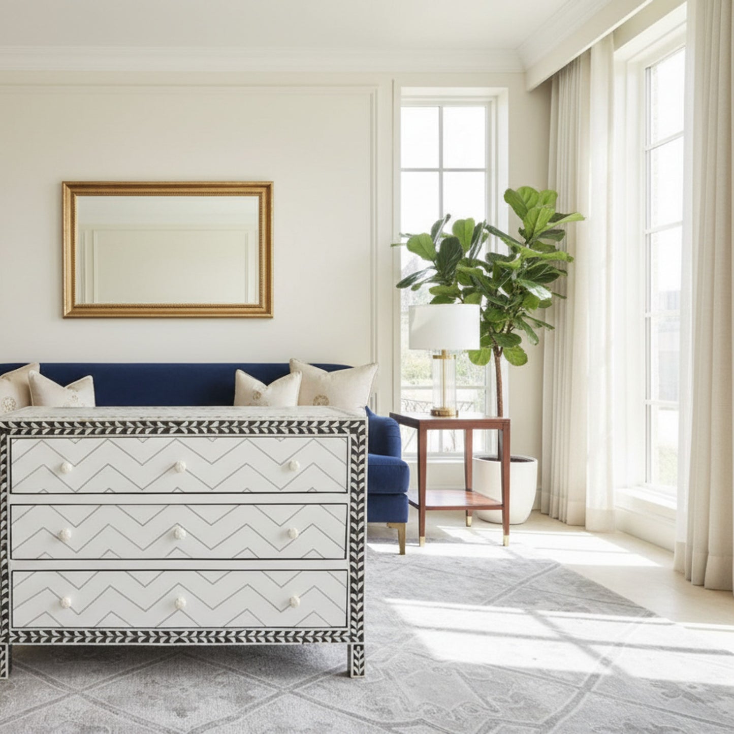 Black and White Decorative Chest with Geometric Sunburst Design | Luxury Handmade Dresser