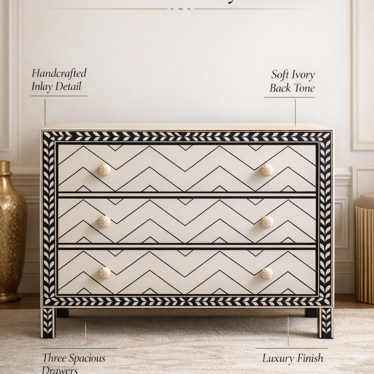 Black and White Decorative Chest with Geometric Sunburst Design | Luxury Handmade Dresser