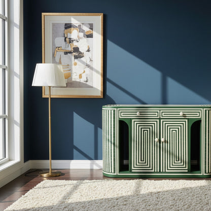 Handcrafted Green Concentric linear Bone Inlay Console Table | Luxury Handmade Console