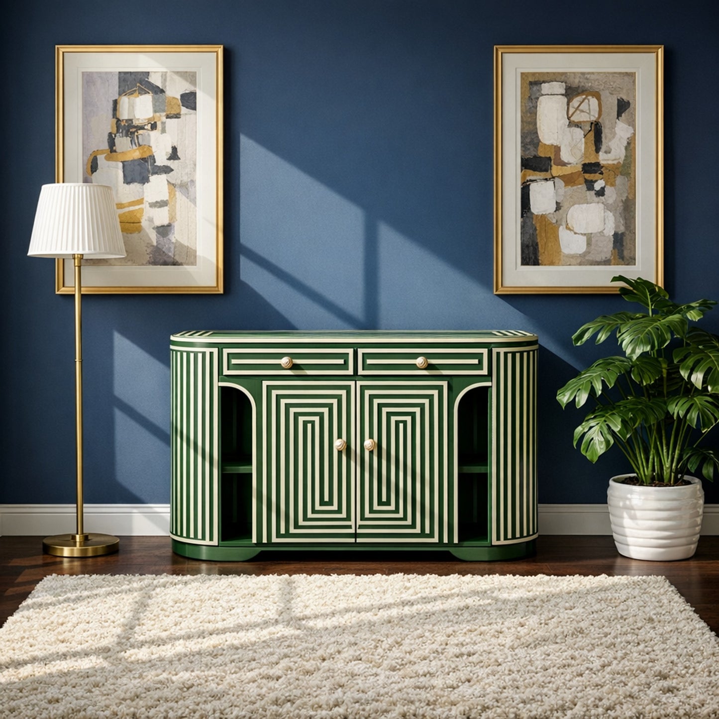 Handcrafted Green Concentric linear Bone Inlay Console Table | Luxury Handmade Console