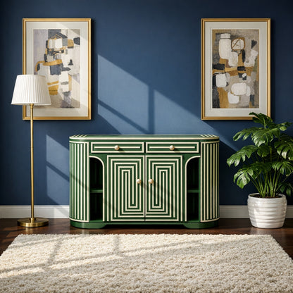 Handcrafted Green Concentric linear Bone Inlay Console Table | Luxury Handmade Console