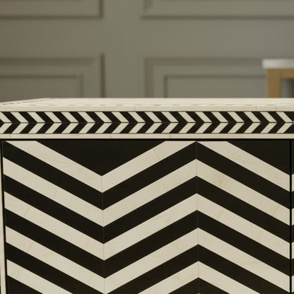 Black and White Handcrafted herringbone Bone Inlay Cabinet | Luxury Handmade Cabinet
