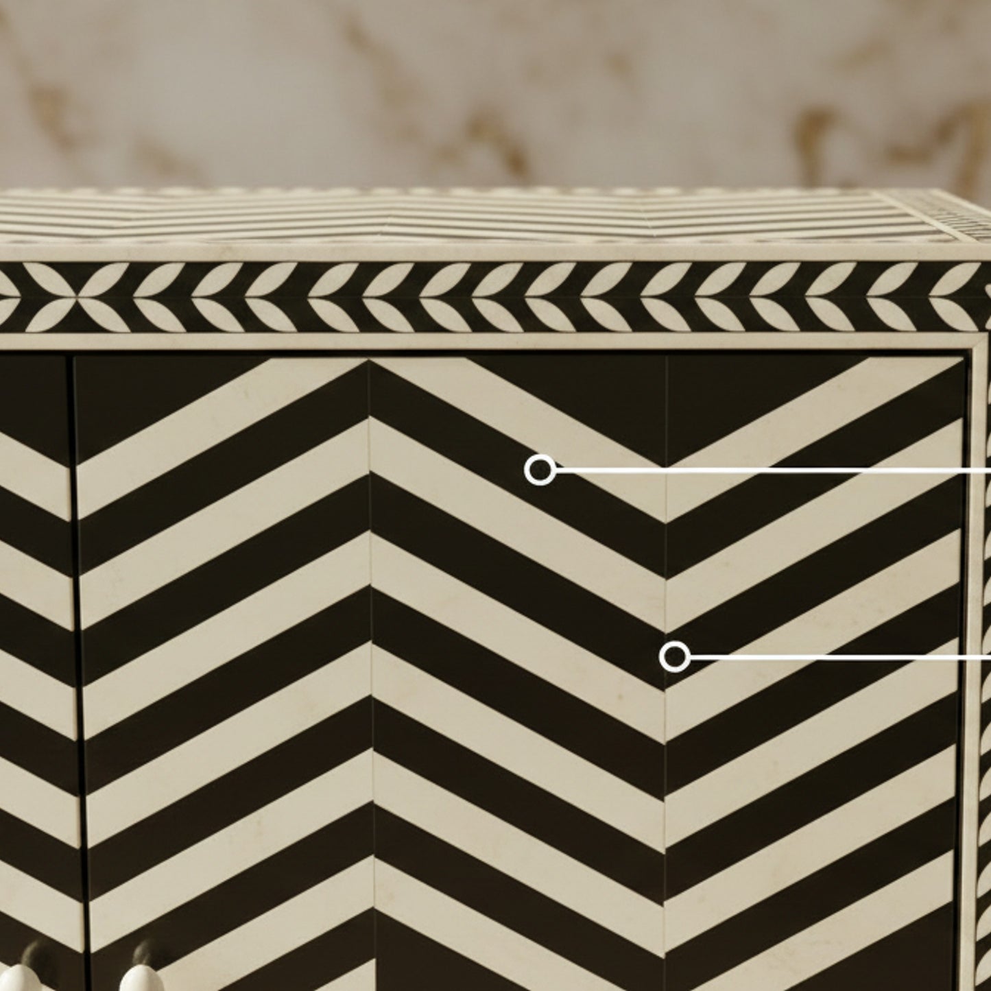 Black and White Handcrafted herringbone Bone Inlay Cabinet | Luxury Handmade Cabinet