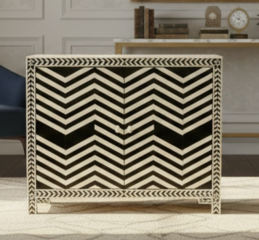 Black and White Handcrafted herringbone Bone Inlay Cabinet | Luxury Handmade Cabinet