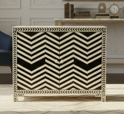 Black and White Handcrafted herringbone Bone Inlay Cabinet | Luxury Handmade Cabinet