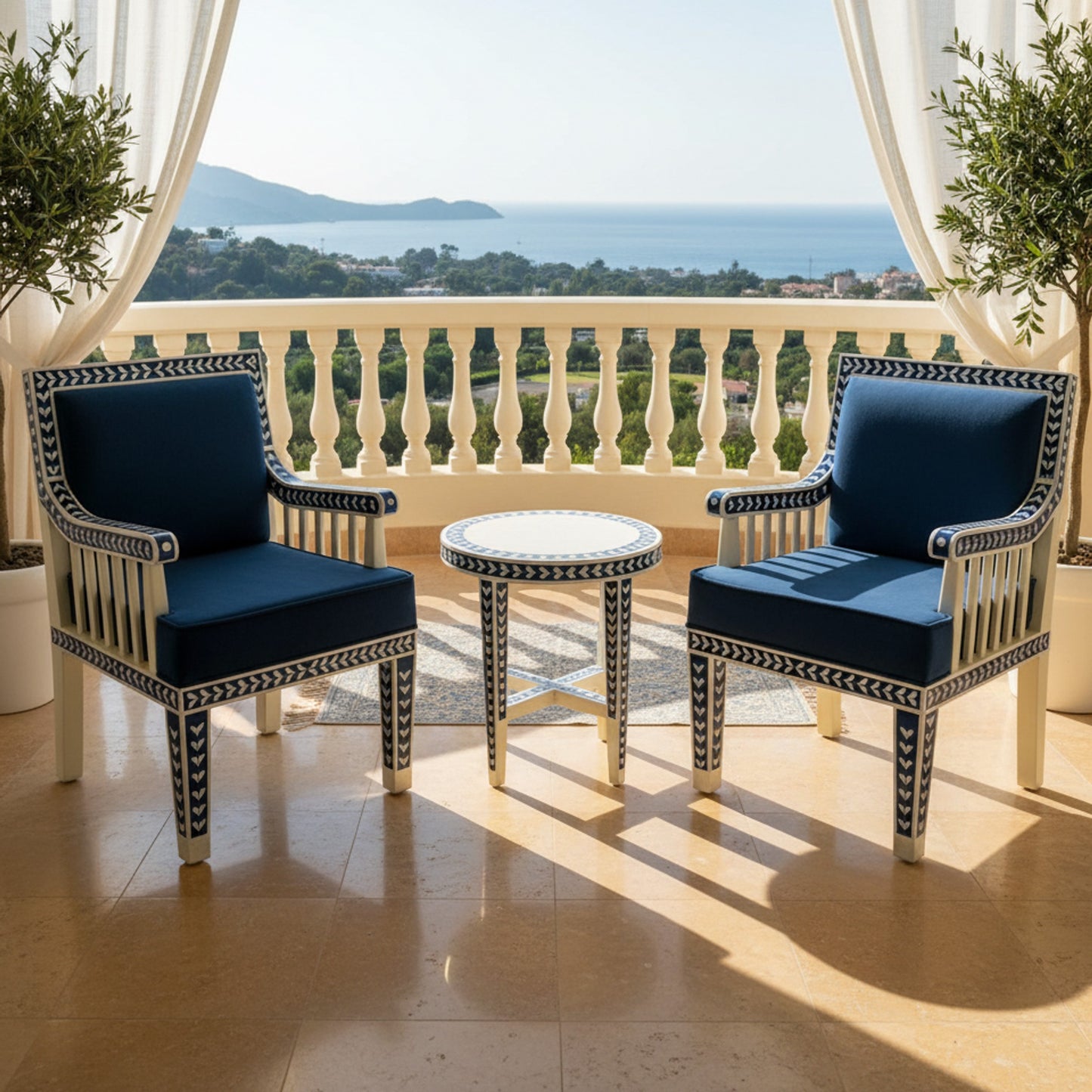Elegant Navy Blue Inlay Chair | Luxury Handmade Chair