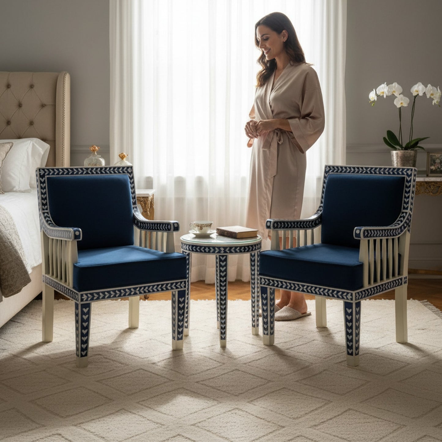 Elegant Navy Blue Inlay Chair | Luxury Handmade Chair