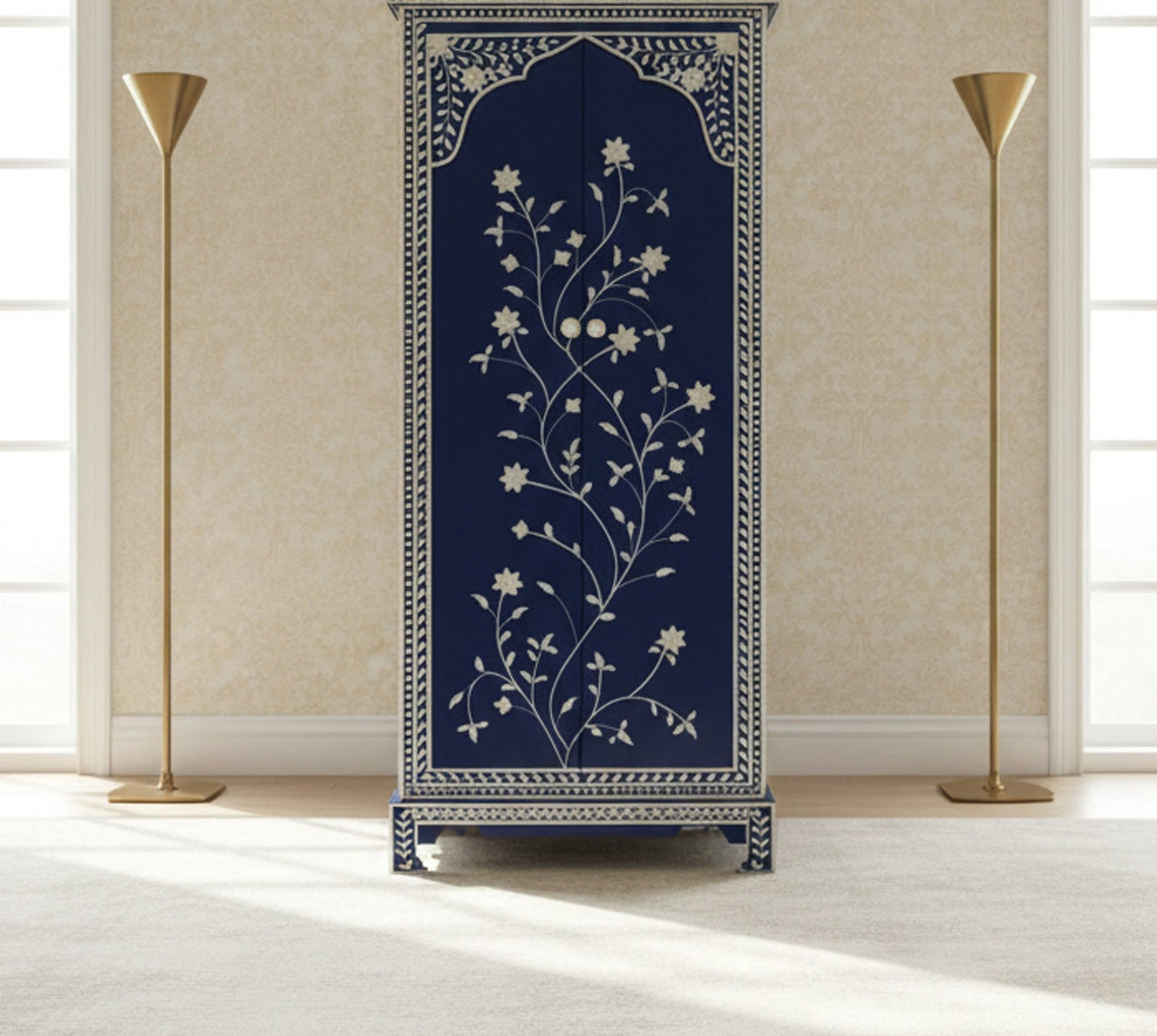 Blue Inlaid Double Door Wardrobe with Floral Detailing | Luxury Handmade Wardrobe
