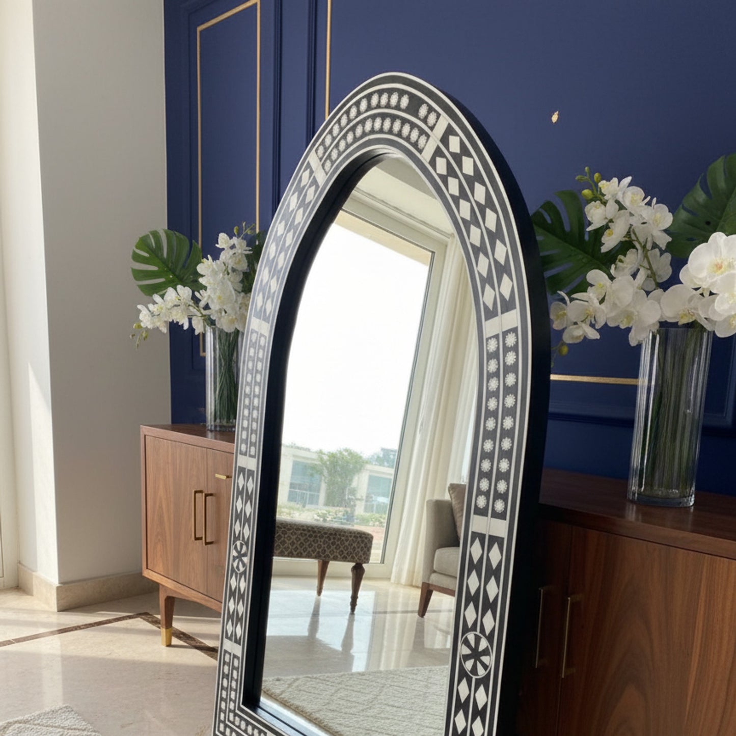 Large Decorative Black and White Patterned Wall Mirror | Luxury Handmade Mirror