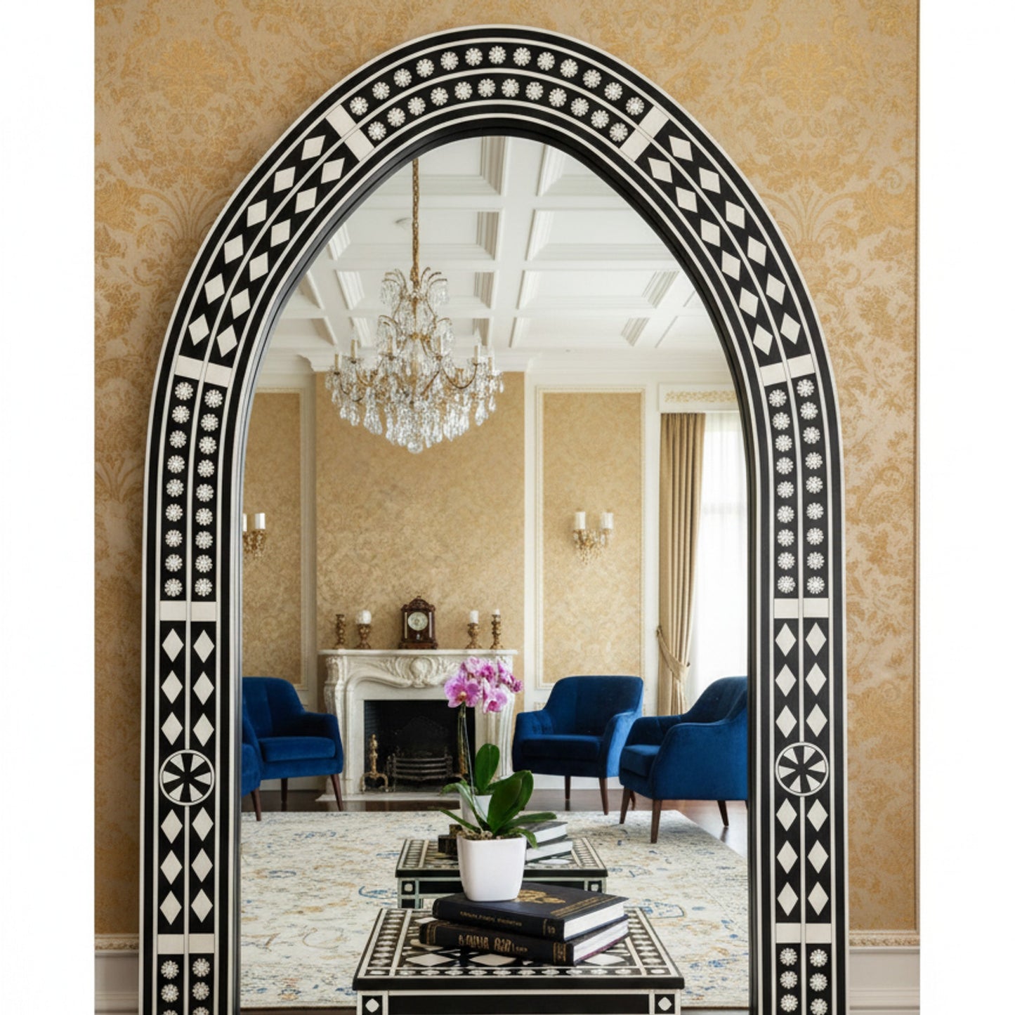 Large Decorative Black and White Patterned Wall Mirror | Luxury Handmade Mirror