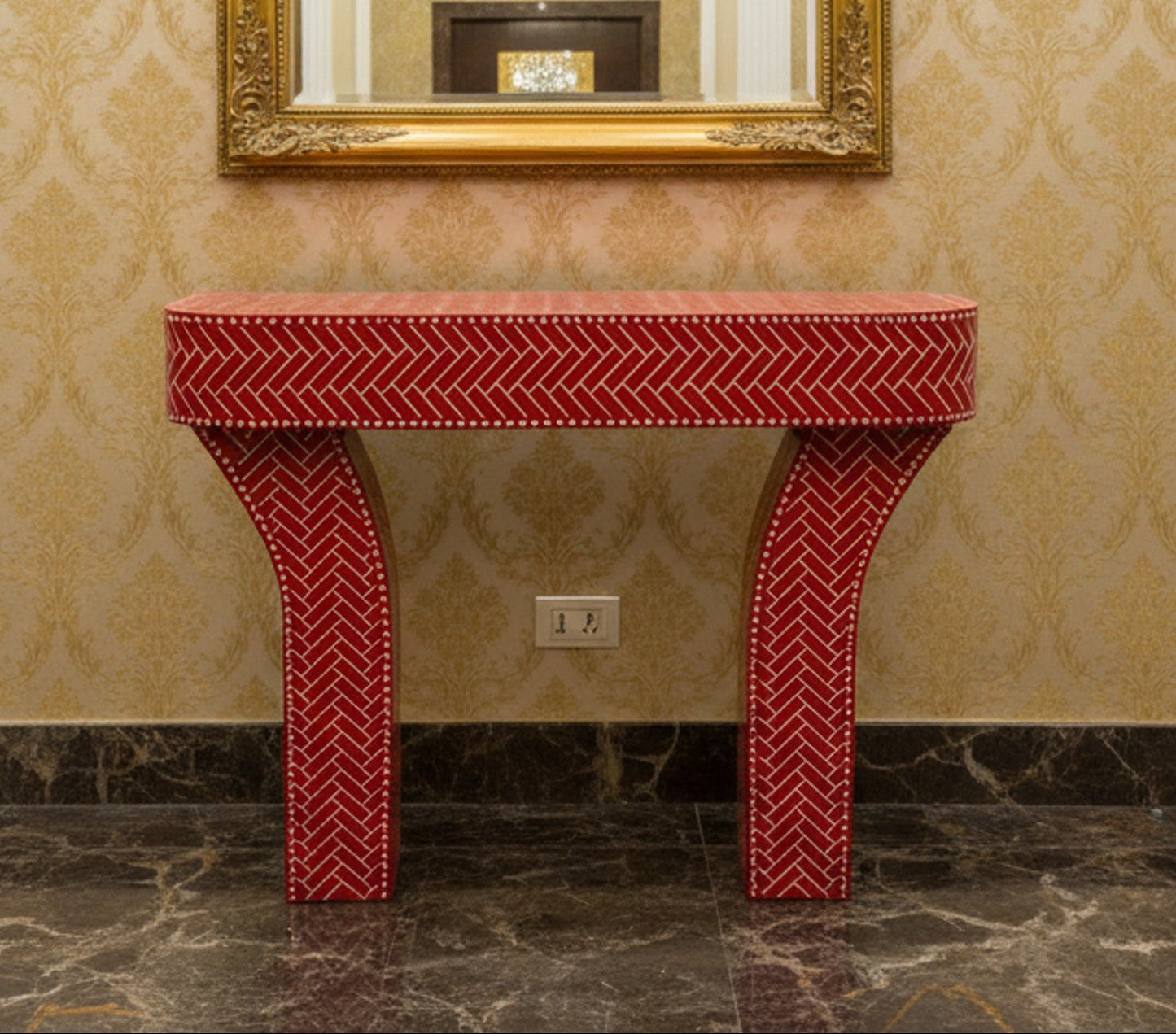 Handcrafted Red and White Bone Inlay Console Table | Luxury Handmade Console