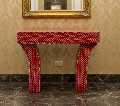 Handcrafted Red and White Bone Inlay Console Table | Luxury Handmade Console
