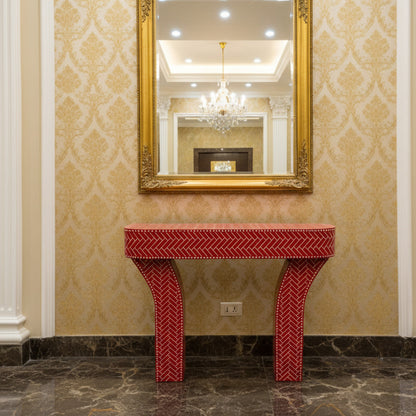 Handcrafted Red and White Bone Inlay Console Table | Luxury Handmade Console