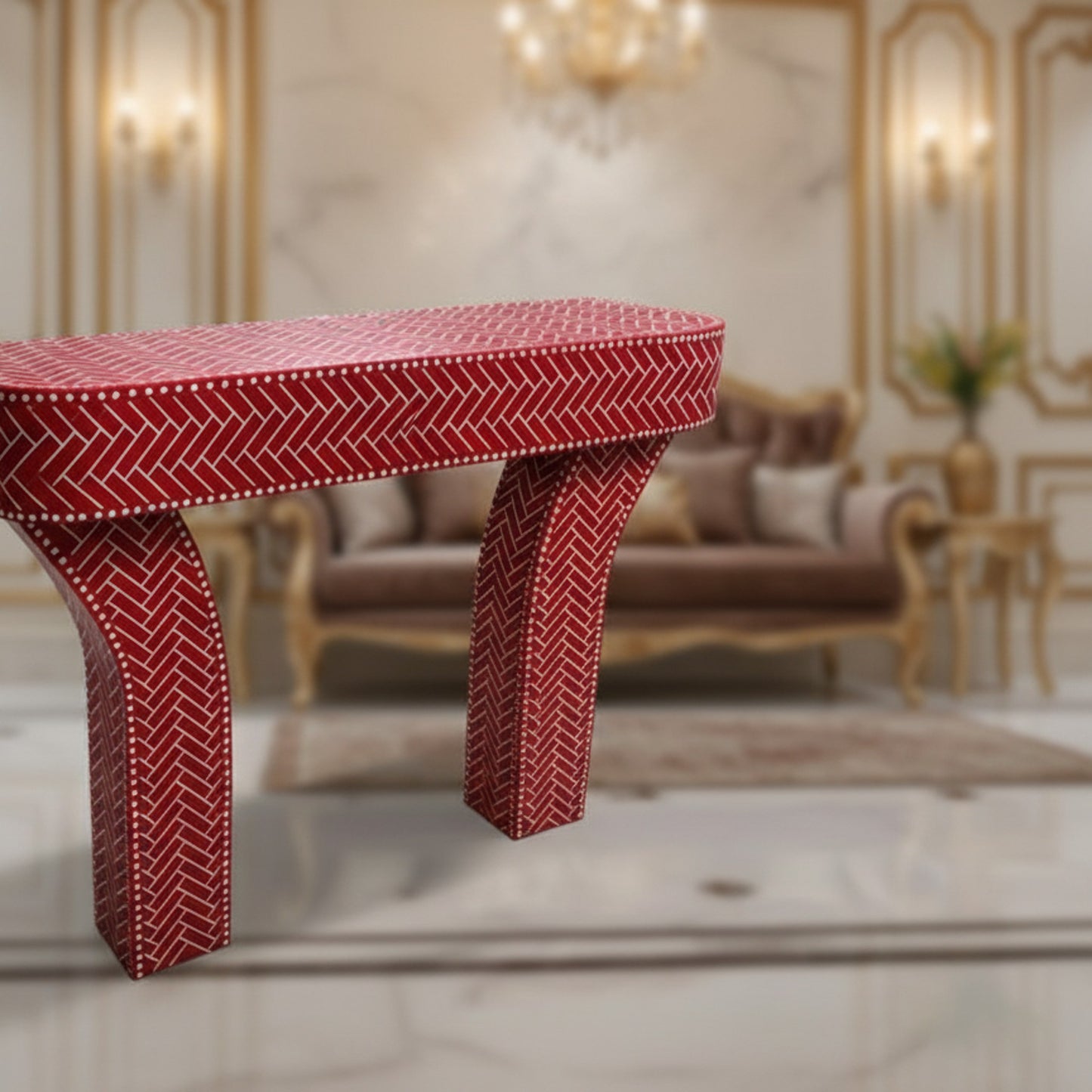 Handcrafted Red and White Bone Inlay Console Table | Luxury Handmade Console