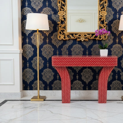 Handcrafted Red and White Bone Inlay Console Table | Luxury Handmade Console