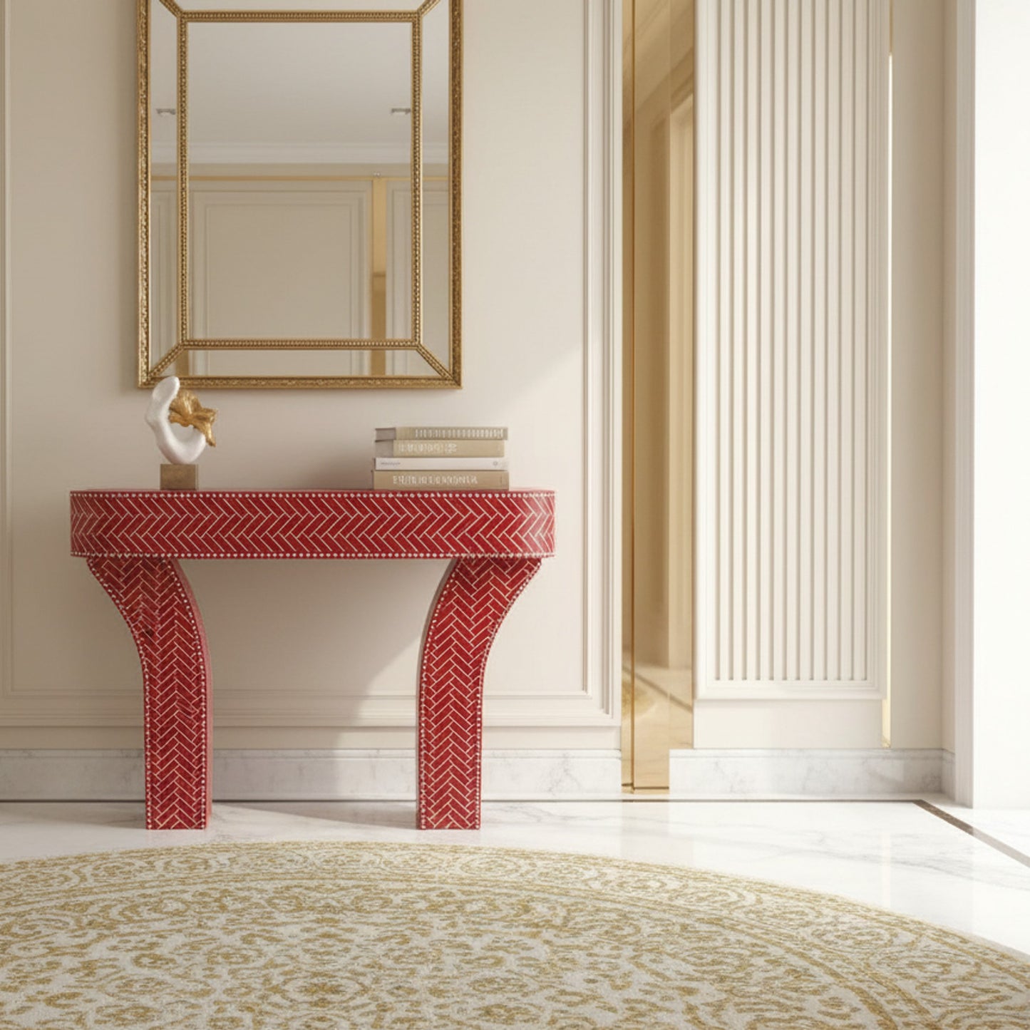 Handcrafted Red and White Bone Inlay Console Table | Luxury Handmade Console