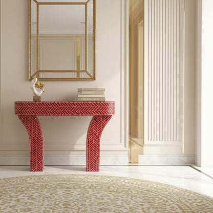 Handcrafted Red and White Bone Inlay Console Table | Luxury Handmade Console