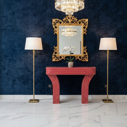 Handcrafted Red and White Bone Inlay Console Table | Luxury Handmade Console