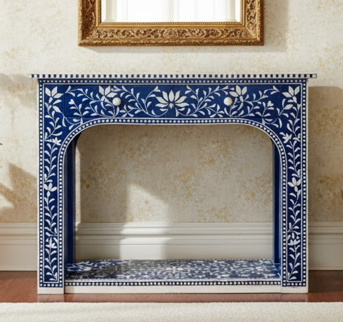 Blue Floral Patterned Console Table | Luxury Handmade Console