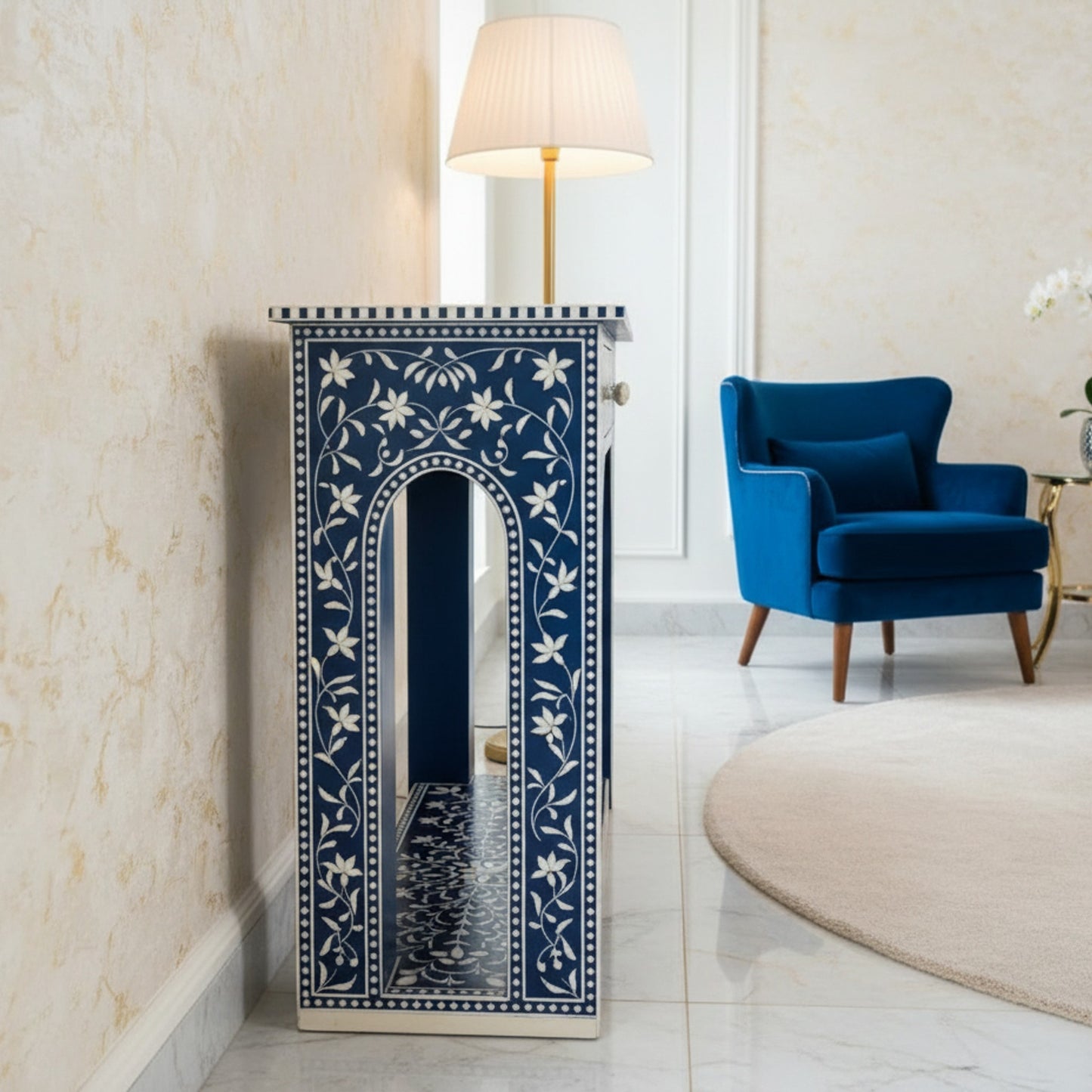 Blue Floral Patterned Console Table | Luxury Handmade Console