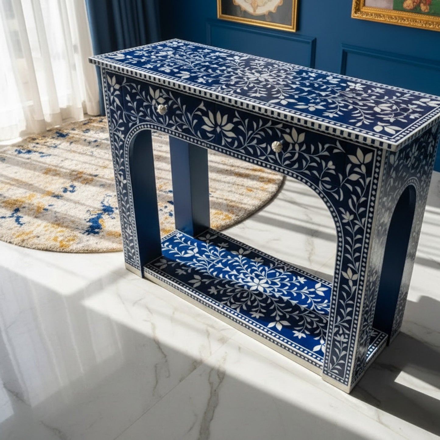 Blue Floral Patterned Console Table | Luxury Handmade Console