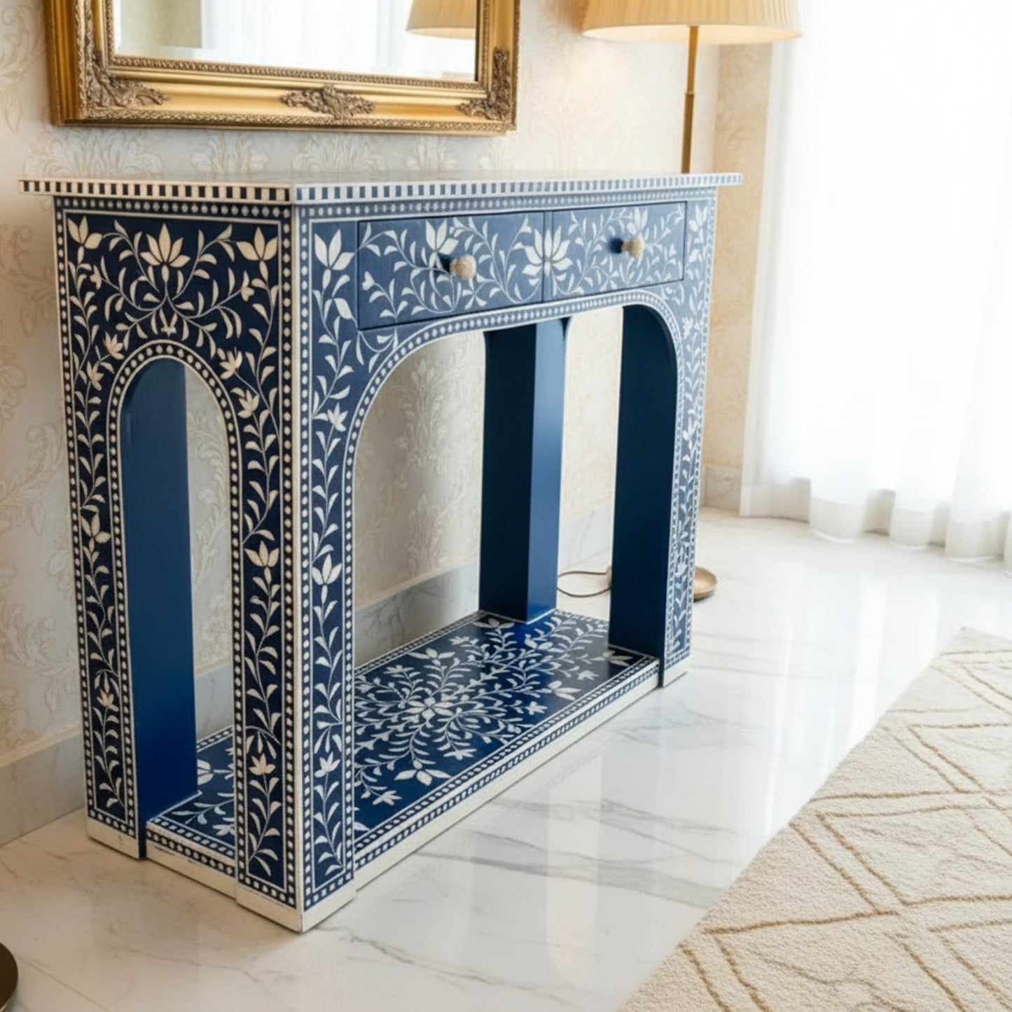 Blue Floral Patterned Console Table | Luxury Handmade Console