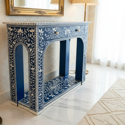 Blue Floral Patterned Console Table | Luxury Handmade Console