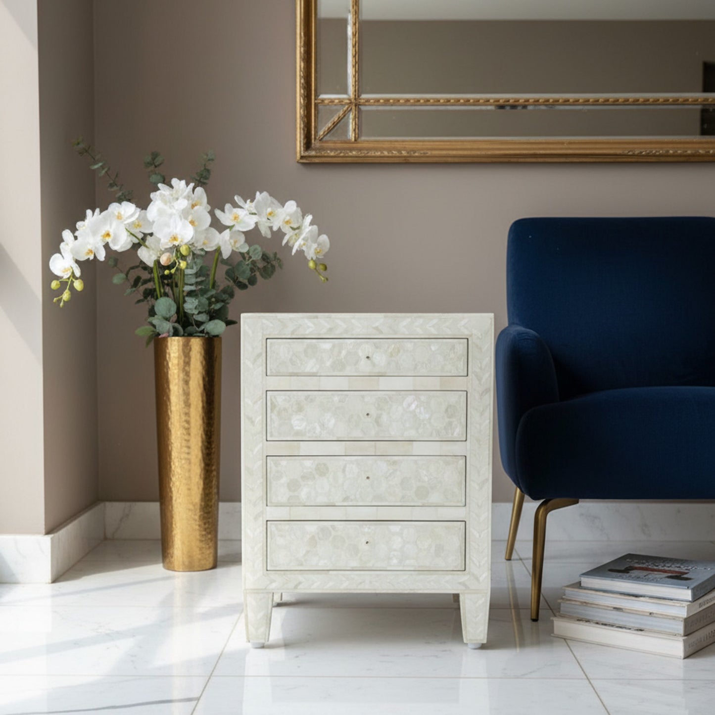 White Hexagonal Patterned inlay Side Table