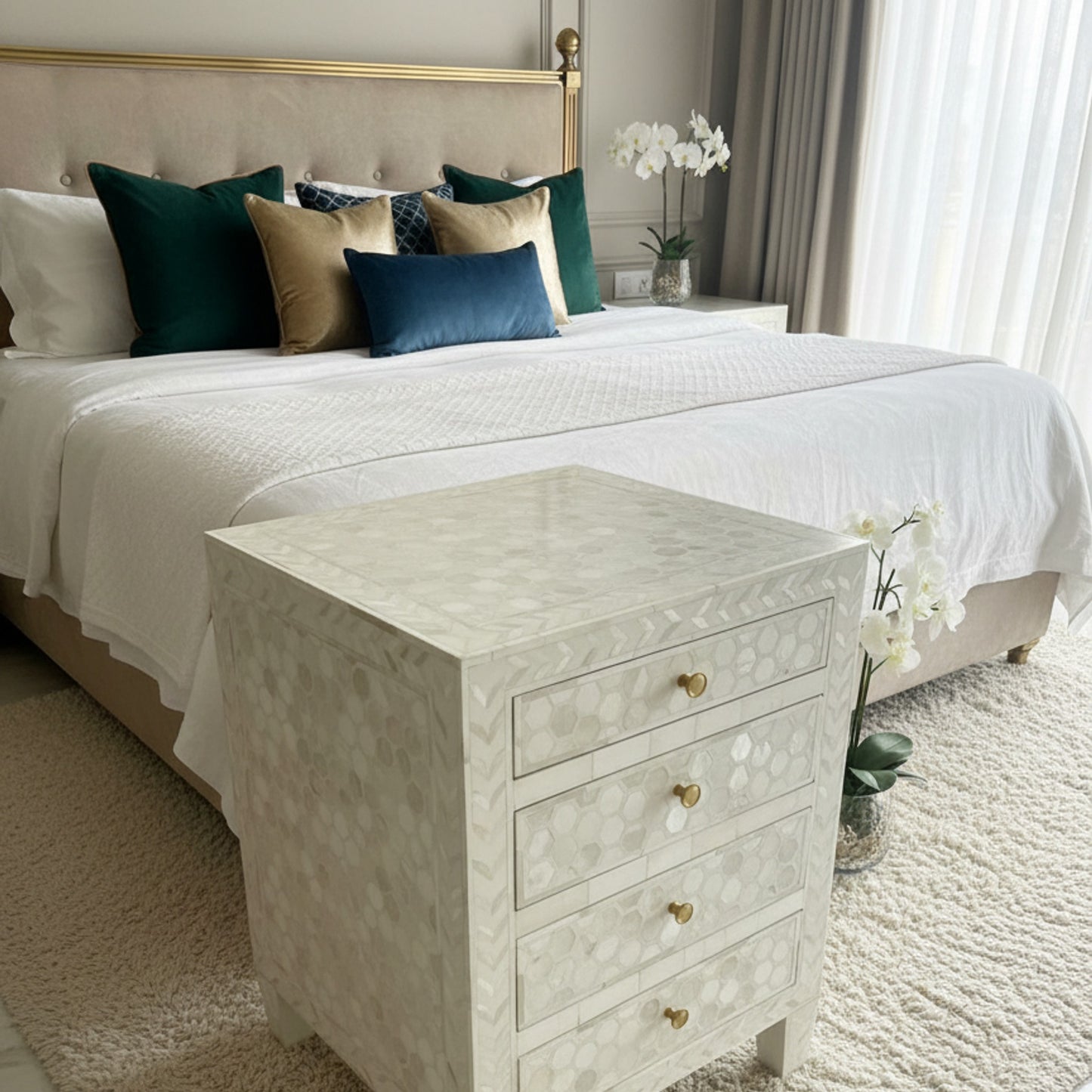 White Hexagonal Patterned inlay Side Table