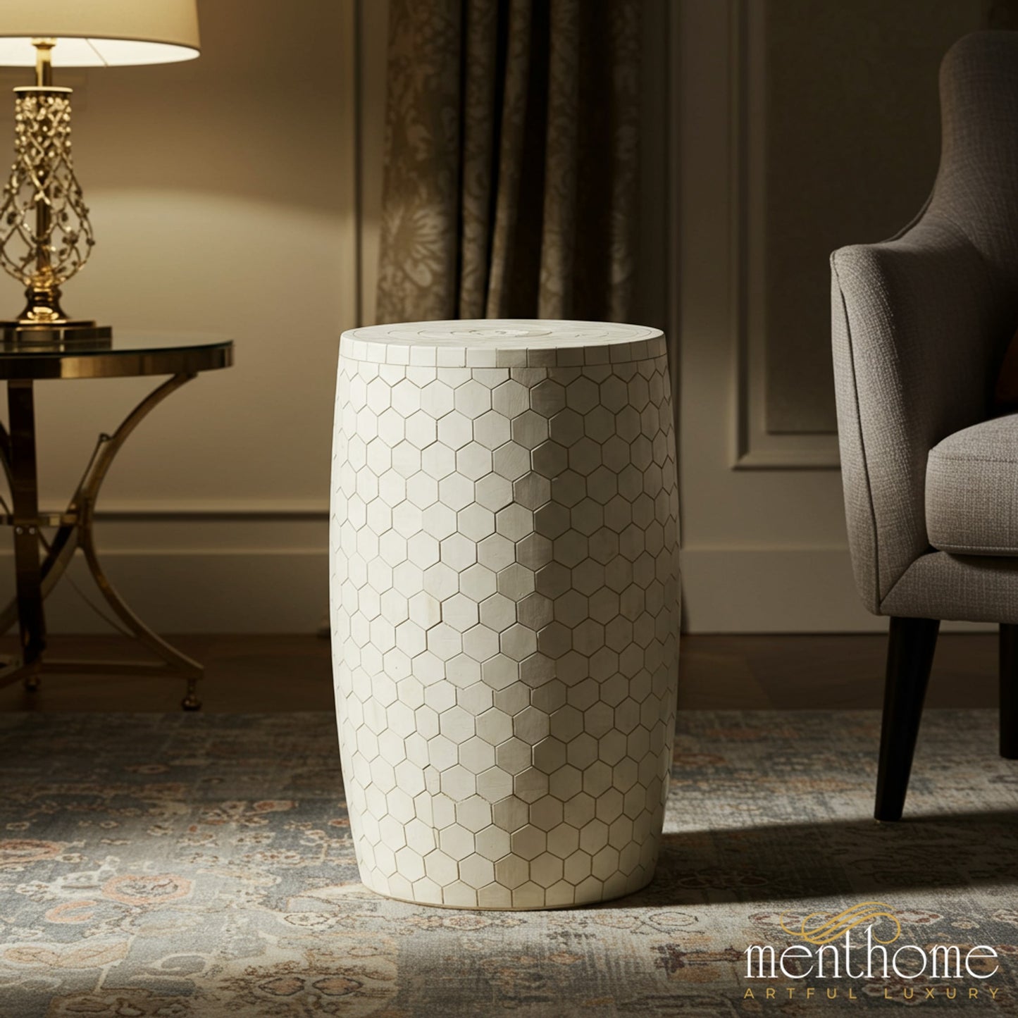 White Hexagonal Patterned inlay Side Table