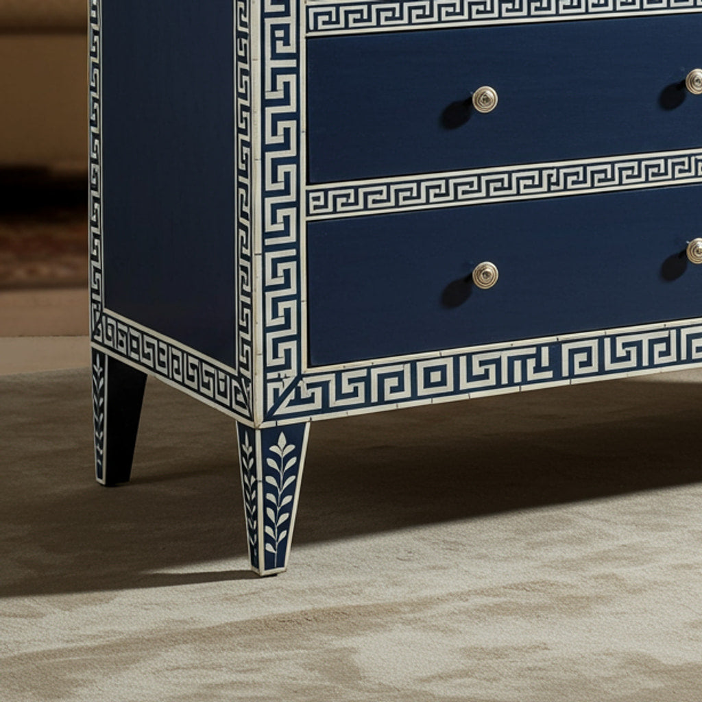 Greek Drawer Navy Blue Greek Key Three-Drawer Chest | Luxury Handmade Chest of Draw ...