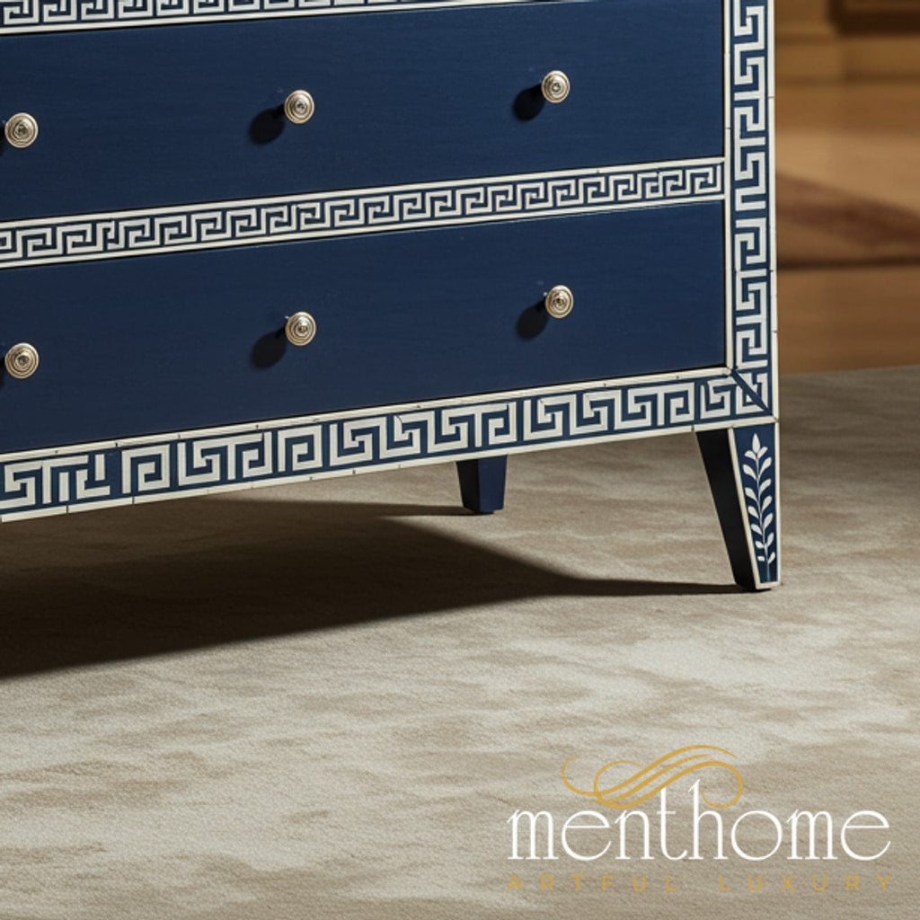 Greek Drawer Navy Blue Greek Key Three-Drawer Chest | Luxury Handmade Chest of Draw ...