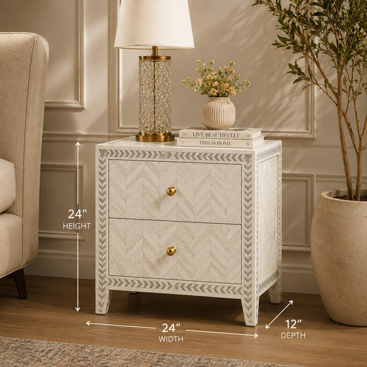 White Bone Inlay Nightstand with Herringbone Pattern | Handmade 2 Drawer Bedside Table | Modern Accent Cabinet | Luxury Bedroom Furniture