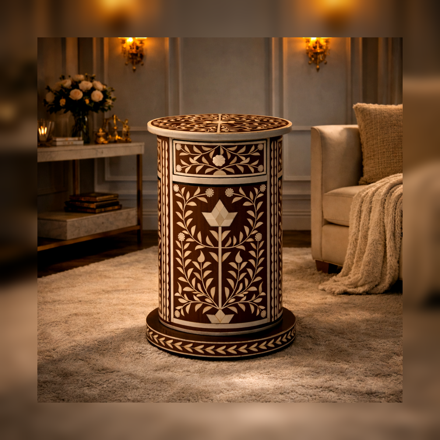 Hand-Painted Bedside Table | Luxury Handmade Bedside Table with Floral Bone Inlay Design