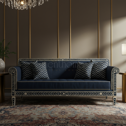 Luxury Navy Blue Inlay Sofa with Chevron Pattern Cushions | Luxury Handmade Sofa