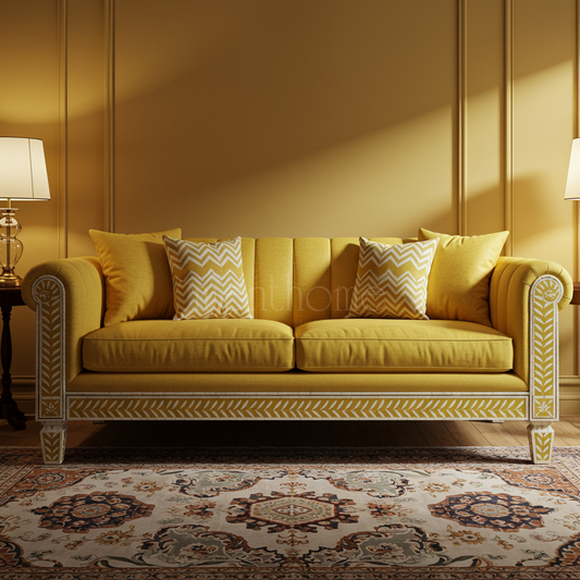 Luxury Yellow Inlay Sofa with Chevron Cushions | Luxury Handmade Sofa
