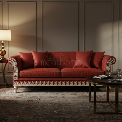 Luxurious Inlay Pattern Red Velvet Sofa | Luxury Handmade Sofa