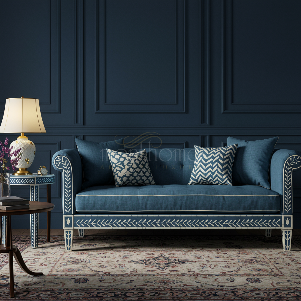 Luxury Blue Inlay Sofa with Decorative Carvings | Luxury Handmade Sofa