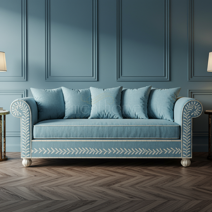 Elegant Blue Inlay Sofa with Decorative Leaf Motif | Luxury Handmade Sofa