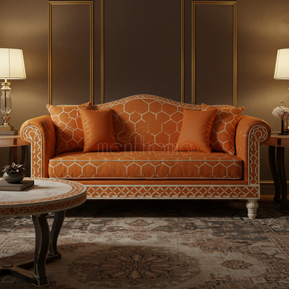 Elegant Orange Inlay Sofa with Geometric Pattern | Luxury Handmade Sofa