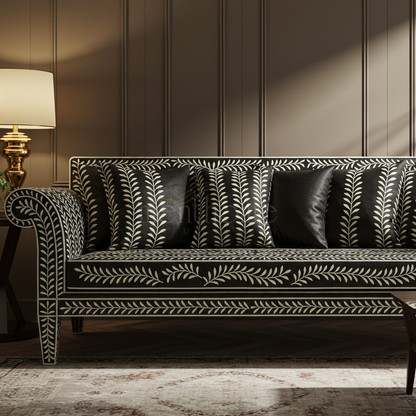 Black and Ivory Inlay Leaf Pattern Sofa | Luxury Handmade Sofa